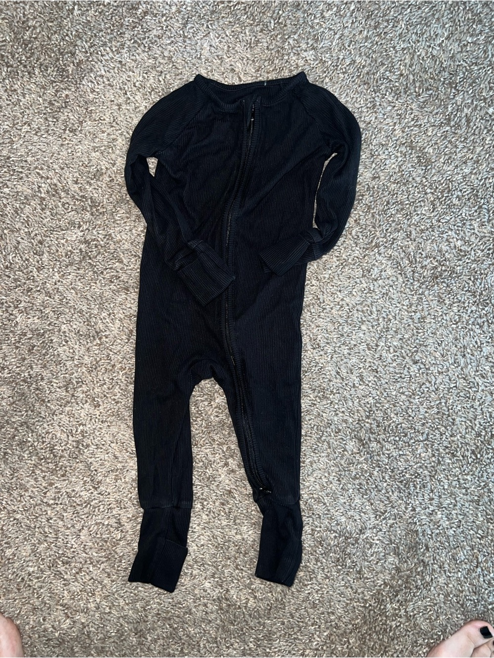 Black Kids Ribbed One-Piece Footie with Front Zip